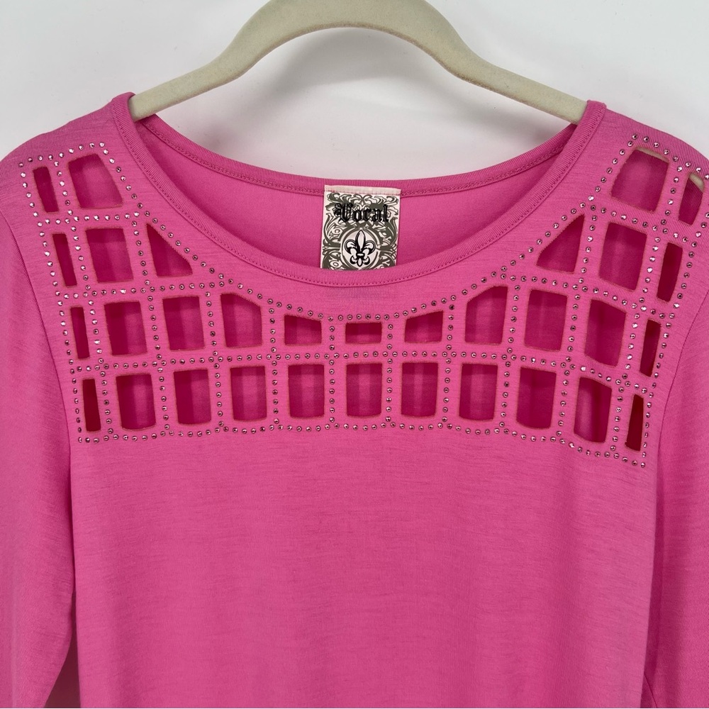 Vocal Top Womens Pink Long Sleeve Cut Out Neckline with Rhinestones Soft Stretch - Picture 6 of 10